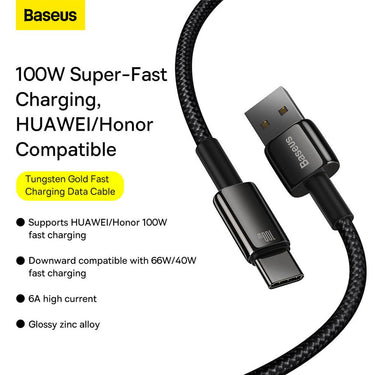 Baseus Tungsten Gold Fast Charging Data Cable USB-A to USB-C 100W 2m - Black